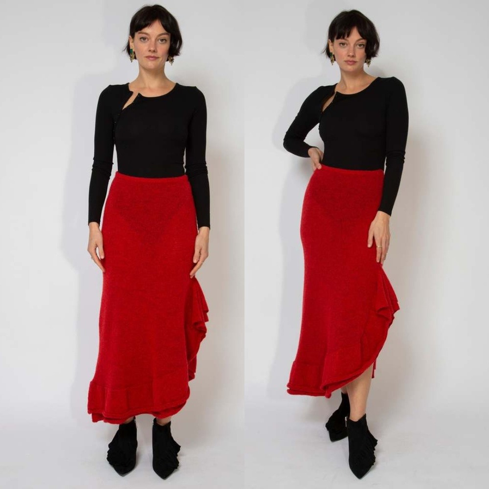 Tach Clothing Red Knit Ruffle Midi Skirt Alpaca Wool Blend Size Small‎